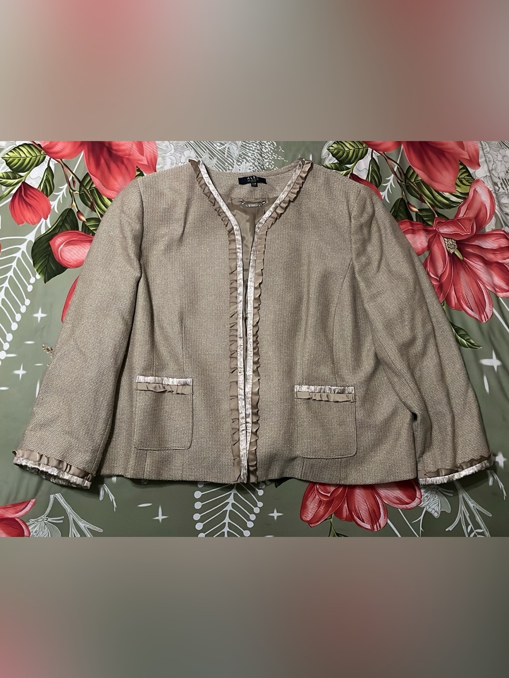 Alex Marie Women’s 24W Plus Brown Blazer Jacket Ruffled Edge Ribbon Trim Tweed